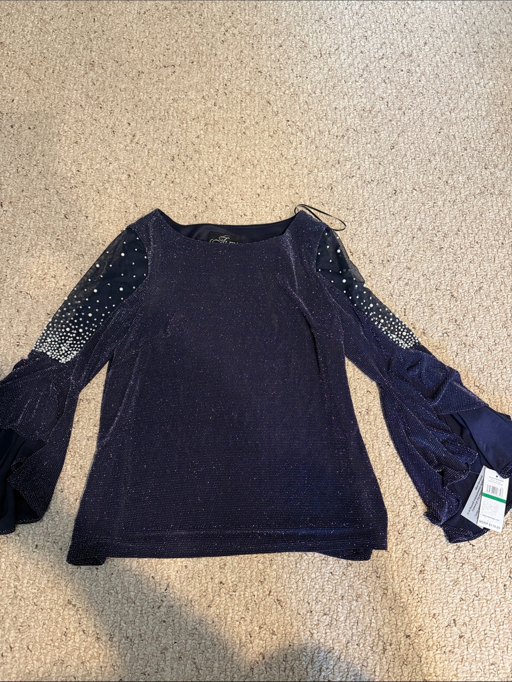 Alex Evenings Navy Sparkle Bell-Sleeve Top with Embellished Mesh